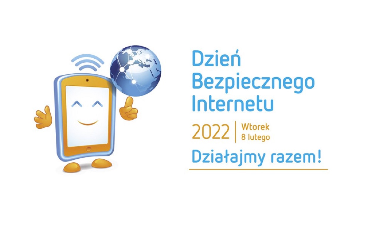 Logo Dnia Bezpiecznego Internetu w 2022 roku - uśmiechnięty smartfon trzymający ziemski glob symbolizujący internet